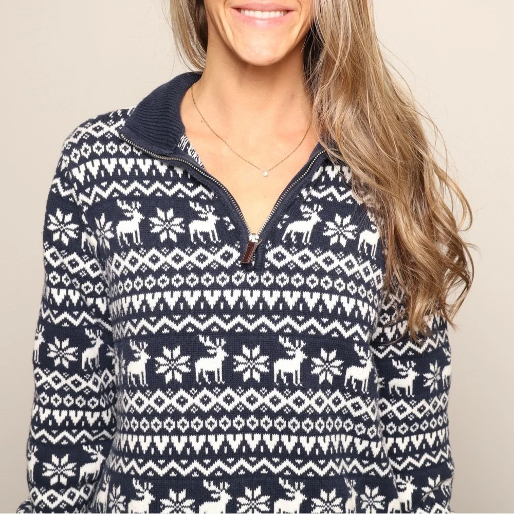 ❄️ 100% Cotton Longline Nordic Design Navy and White Reindeer Pattern Sweater - Picture 1 of 4